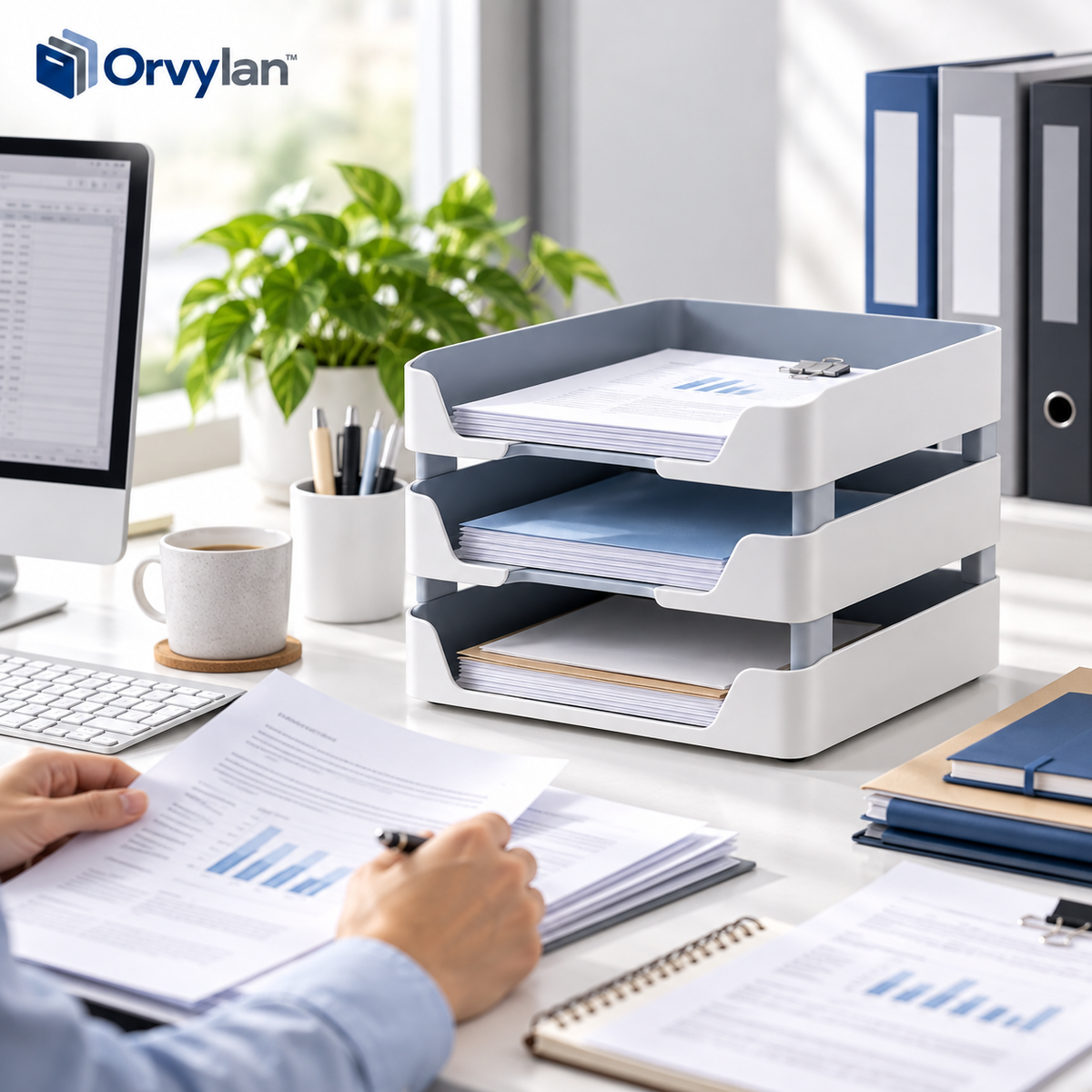 Orvylan™ 3-Tier Stackable Document Tray in use