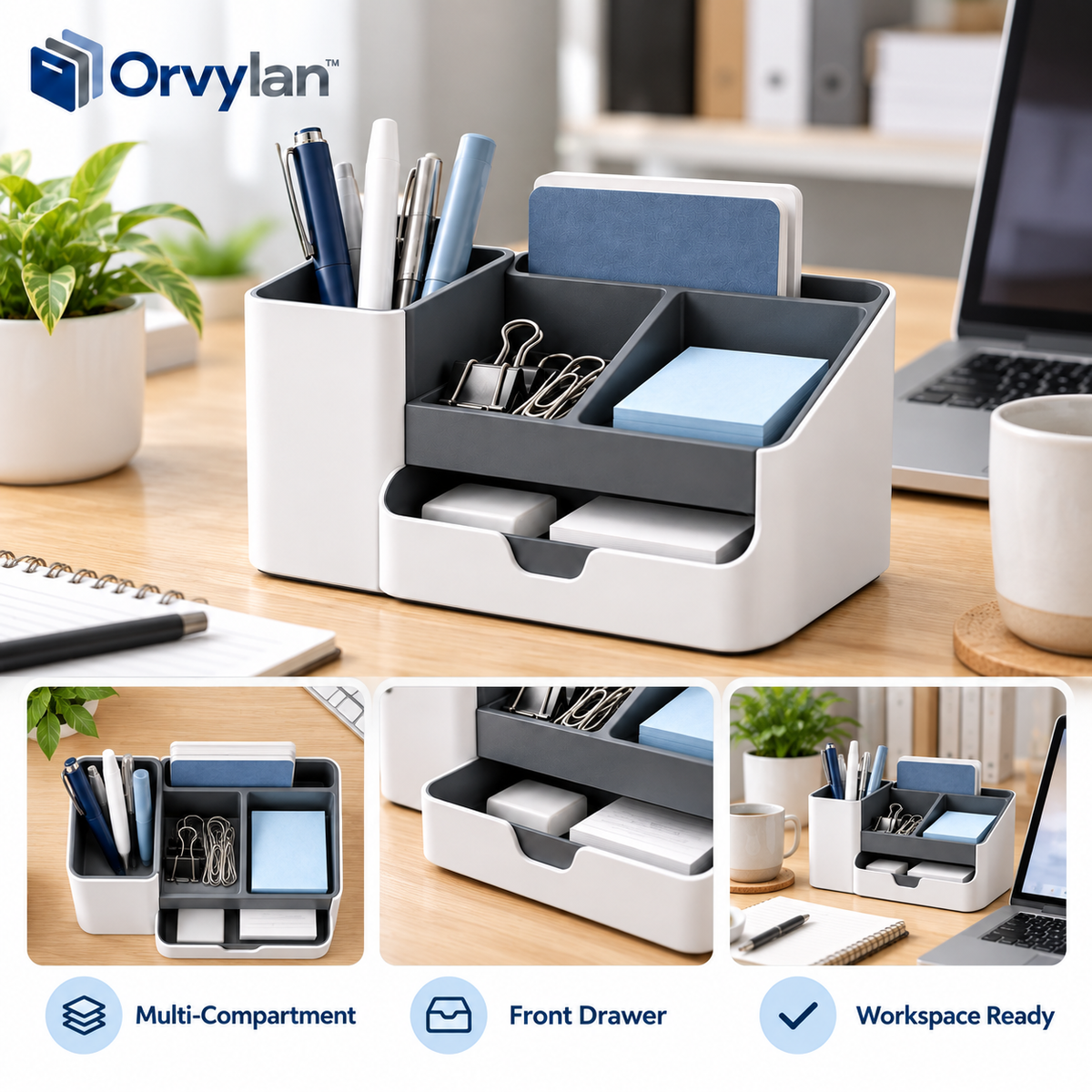 Orvylan™ Multi-Compartment Desk Organizer with Drawer feature detail