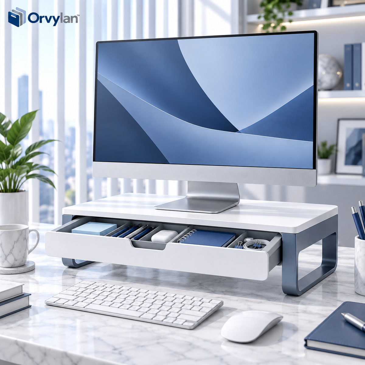 Orvylan™ Monitor Riser with Storage Drawer