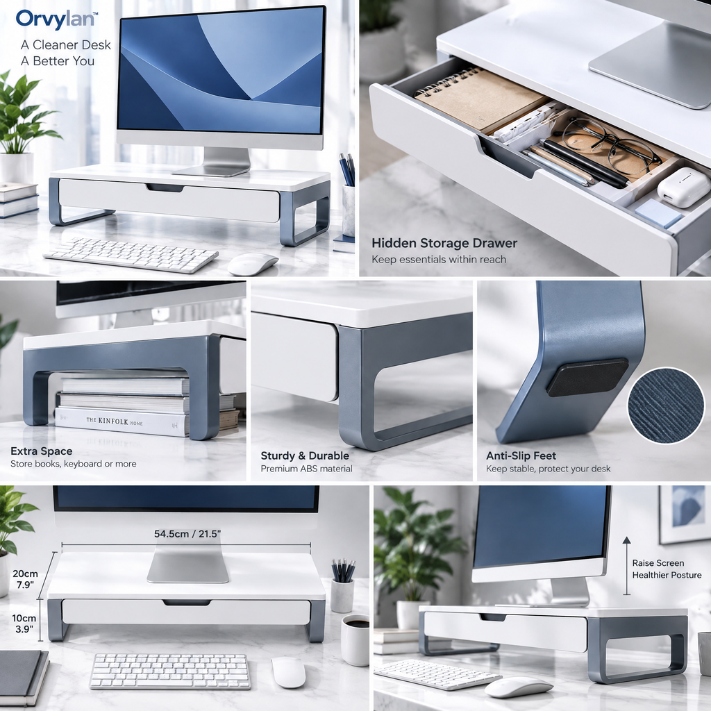 Orvylan™ Monitor Riser with Storage Drawer